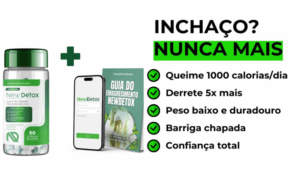 Frasco do suplemento New Detox + Aplicativo + E-Book